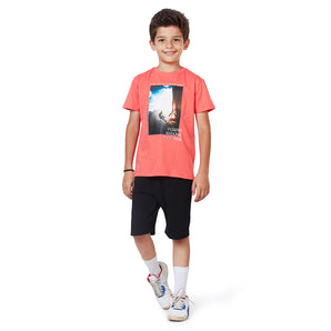 Round Neck T-Shirt Regular Fit with Cliff Clamping Print - Boys - Hot Coral