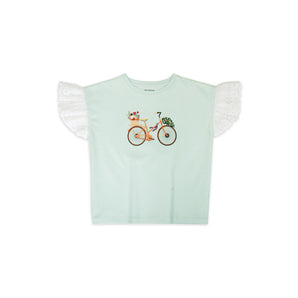 Eyelet Ruffle Sleeve Top - Bicycle Print - Girls - Dusty Aqua