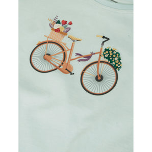 Eyelet Ruffle Sleeve Top - Bicycle Print - Girls - Dusty Aqua