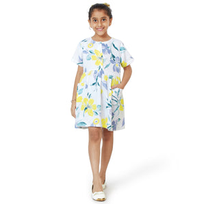 Oversized baggy fit Dress with front Pockets - Large Floral Print- White