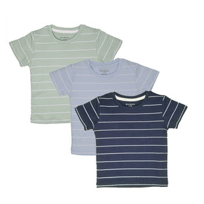 Round Neck T-Shirt - Stripes - Navy/Blue/Sage Green - 3 Pc Pack