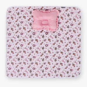 Nursery Quilted Play-time Mat With Pillow - Zoo Print- Pink