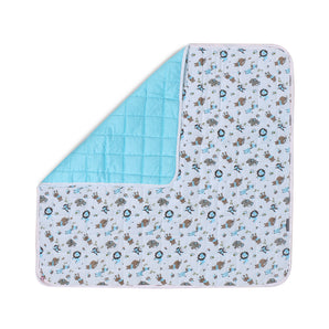 Nursery Quilted Play-time Mat With Pillow - Zoo Print- Blue