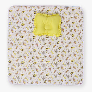 Nursery Quilted Play-time Mat With Pillow - Zoo Print- Yellow