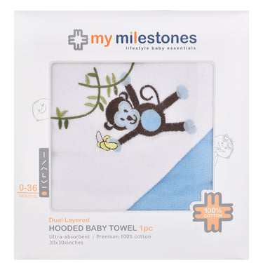 My Milestones 100% Cotton Terry Hooded Baby / Toddlers Bath Towel - Blue Solid.