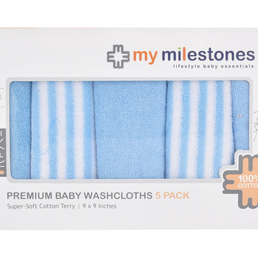 My Milestones 100% Premium Cotton Terry Baby Washcloth / Napkin 5pc Set - Blue.