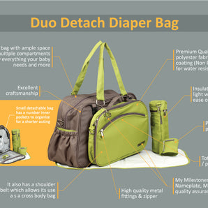 My Milestones Duo Detach 2-In-1 Baby Diaper Bag/Mothers Bag - Grey/Green.