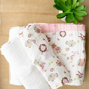 My Milestones Muslin Baby 3 Layered Blanket - Zoo Pink.